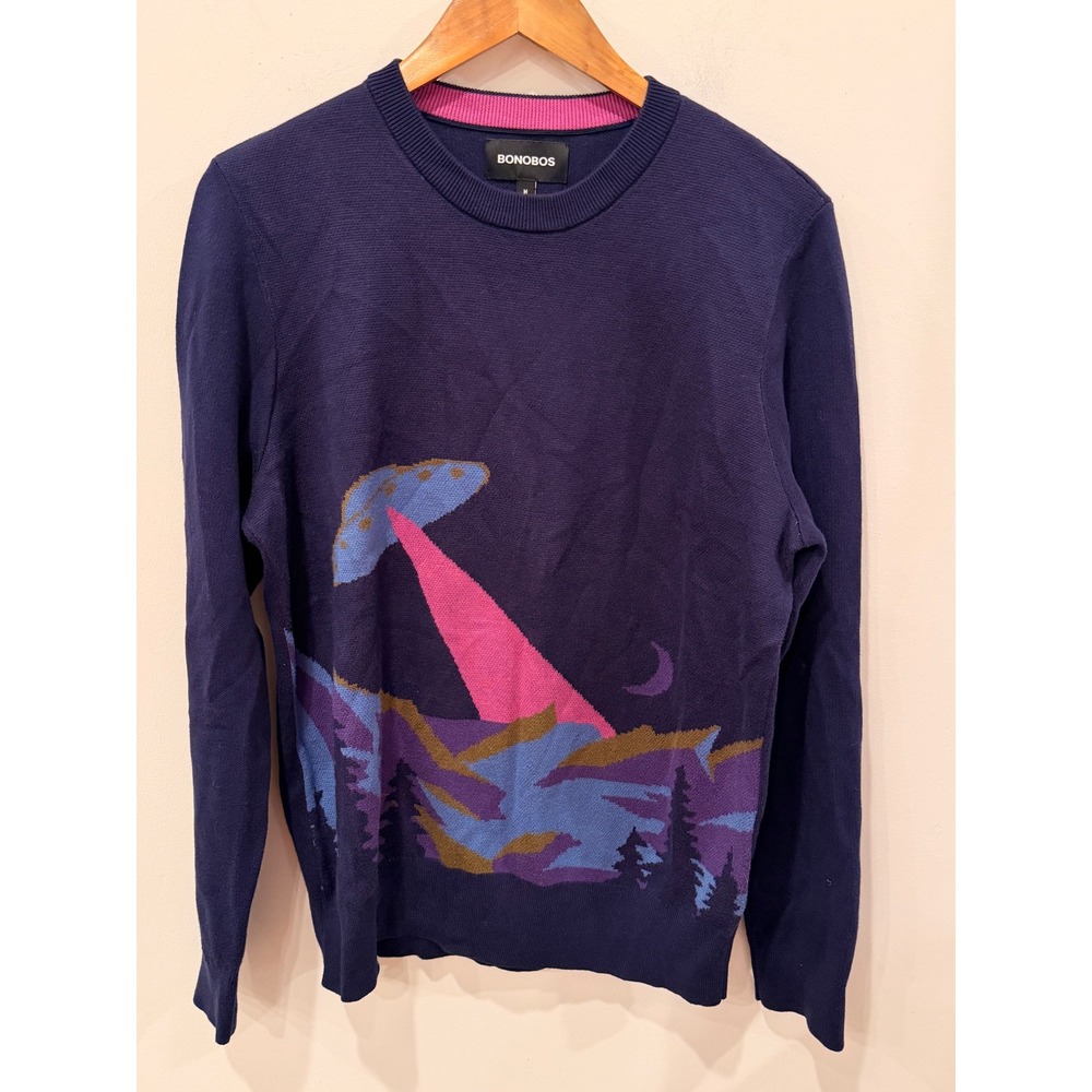 Bonobos Mens UFO Alien Mountain Graphic Cotton Crewneck Sweater Navy Blue M